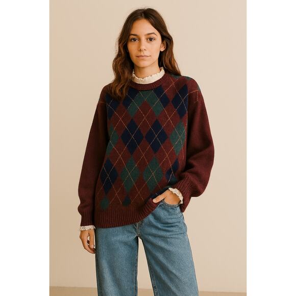 Vintage Scottish Lambswool Argyle Sweater Dark Academia Oversized Boho Fit - Picture 1 of 9